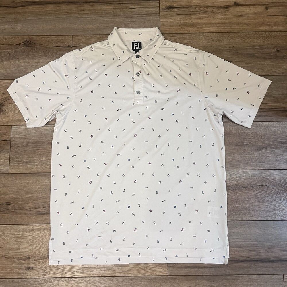 Footjoy FJ Doodle Print AOP White Golf Performance Stretch Polo Shirt Men's XL
